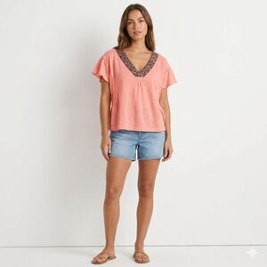 Sundance Pink Linen V-Neck Top Embroidered Trim Oversized